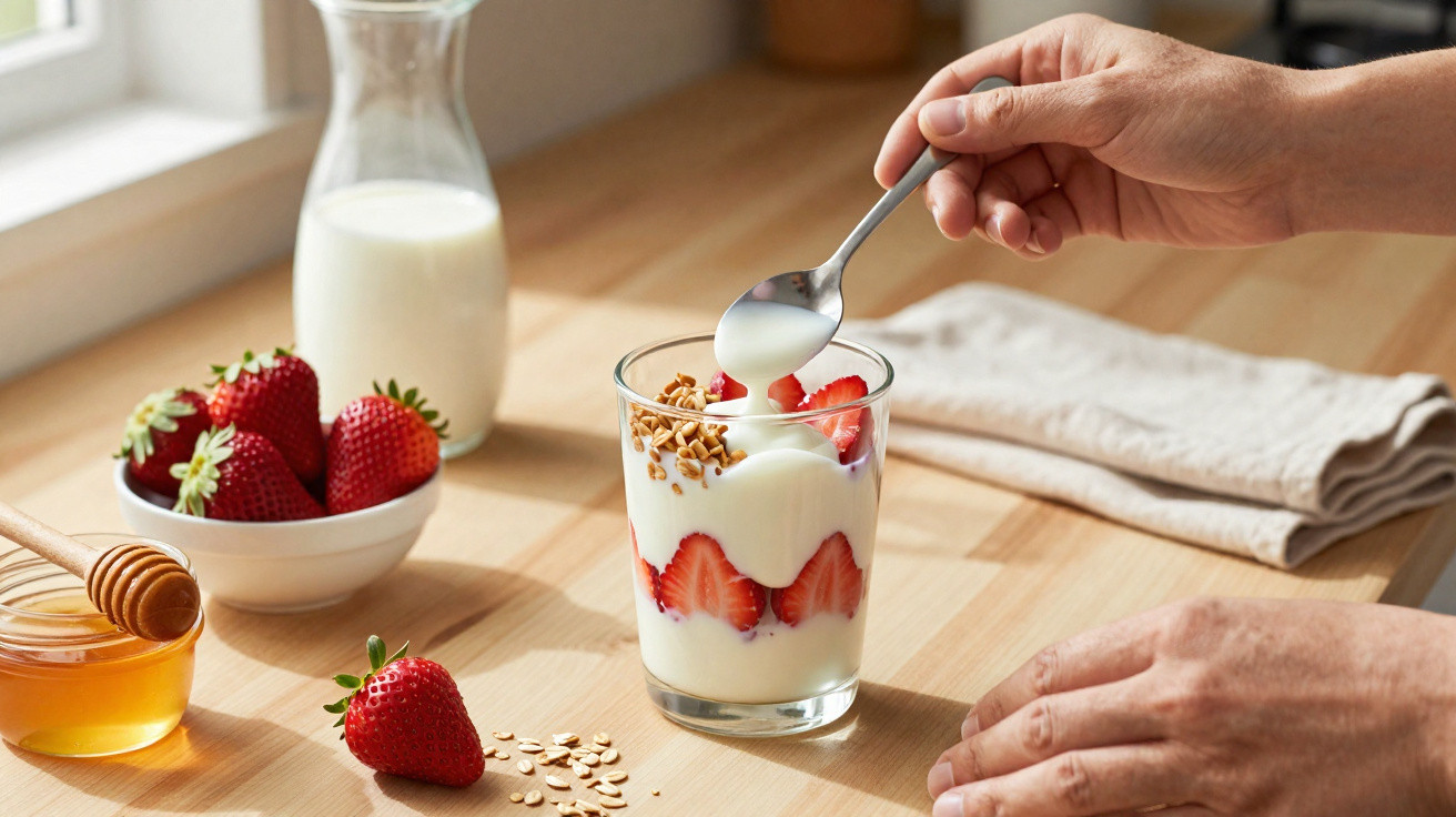 Taça de iogurte com morangos e granola, acompanhada por frasco de mel, morangos em taça e jarro de leite.