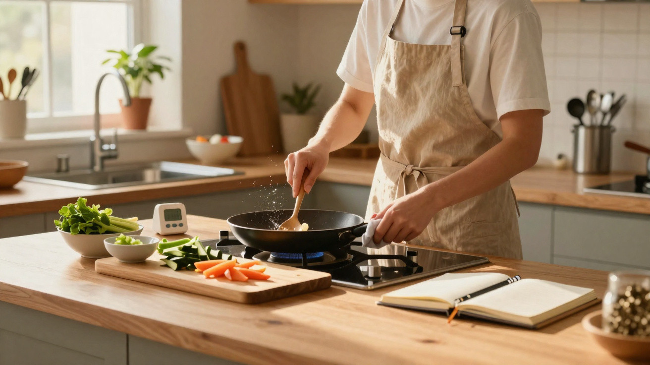 Pessoa a cozinhar numa frigideira numa cozinha moderna com legumes frescos e caderno aberto na bancada.
