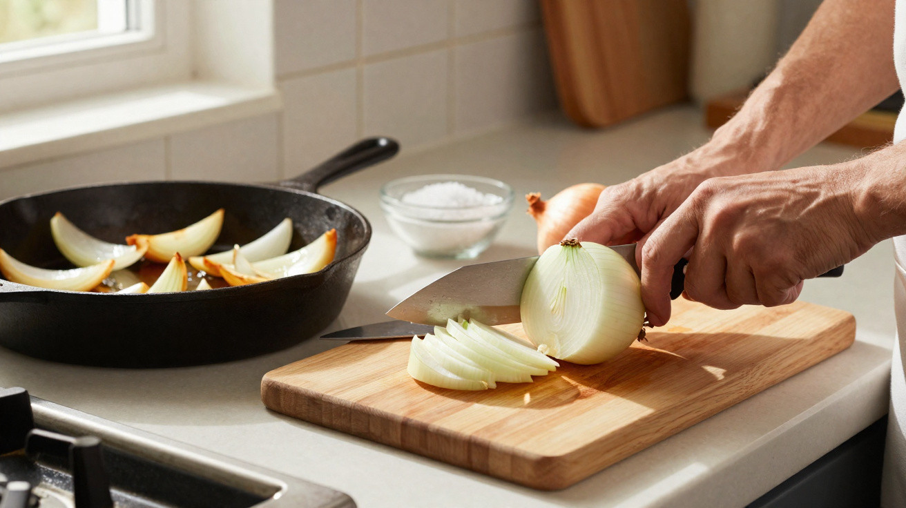 Pessoa a cortar cebola num tábua de madeira com cebolas a cozinhar numa frigideira no fogão.
