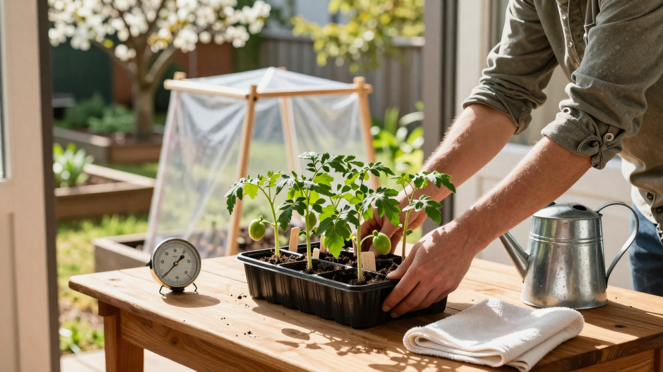 Pessoa a cuidar de mudas de plantas numa mesa de madeira com regador e termómetro.
