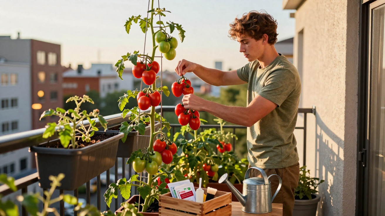 Jovem colhendo tomates maduros numa varanda com plantas ao entardecer numa cidade.