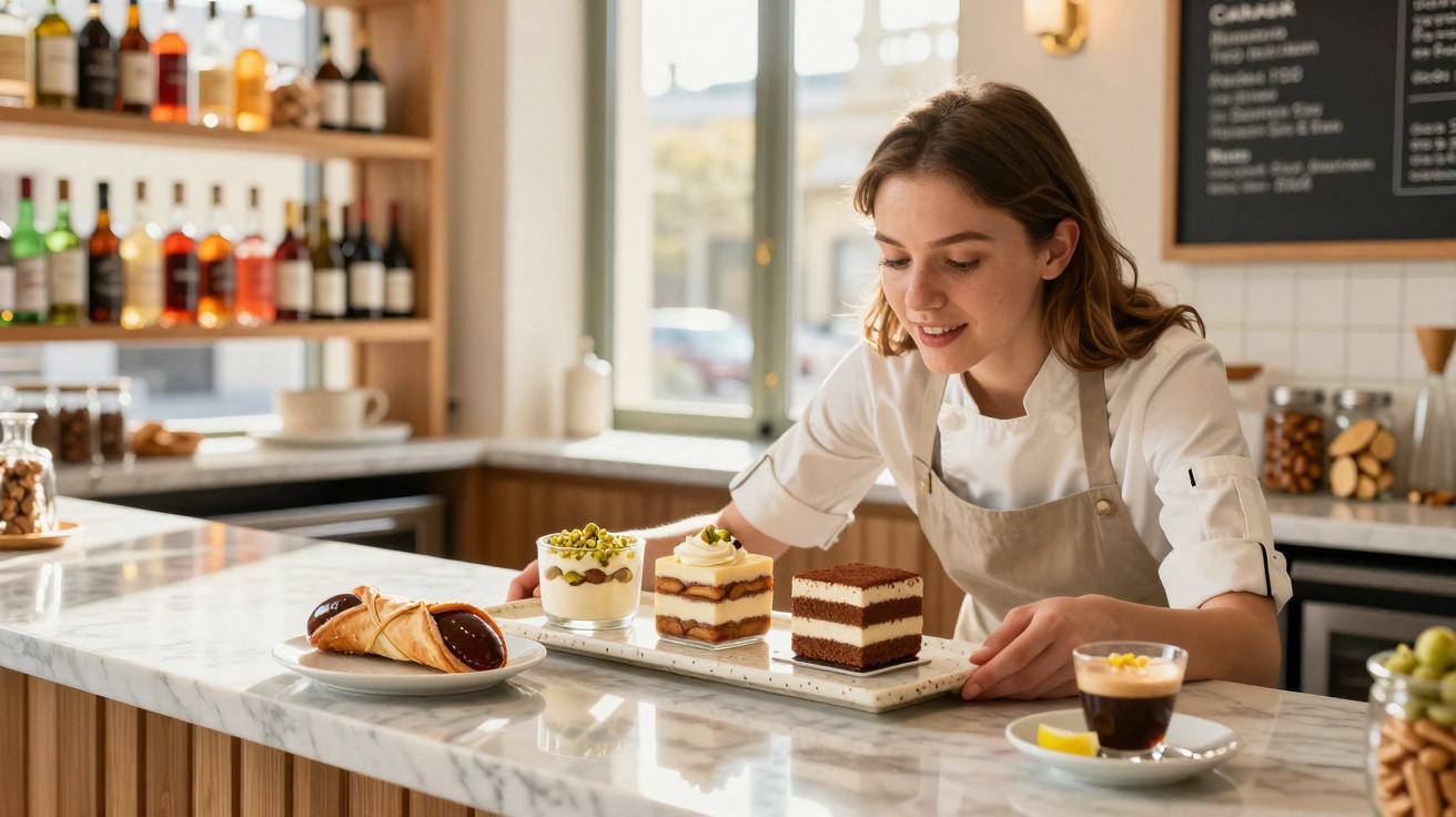 Mulher sorridente em uniforme de chef prepara sobremesas em balcão de café moderno.