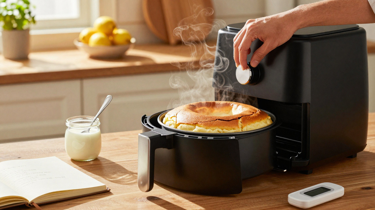 Pessoa ajusta forno elétrico preto para cozer bolo fofo e quente numa cozinha iluminada e organizada.