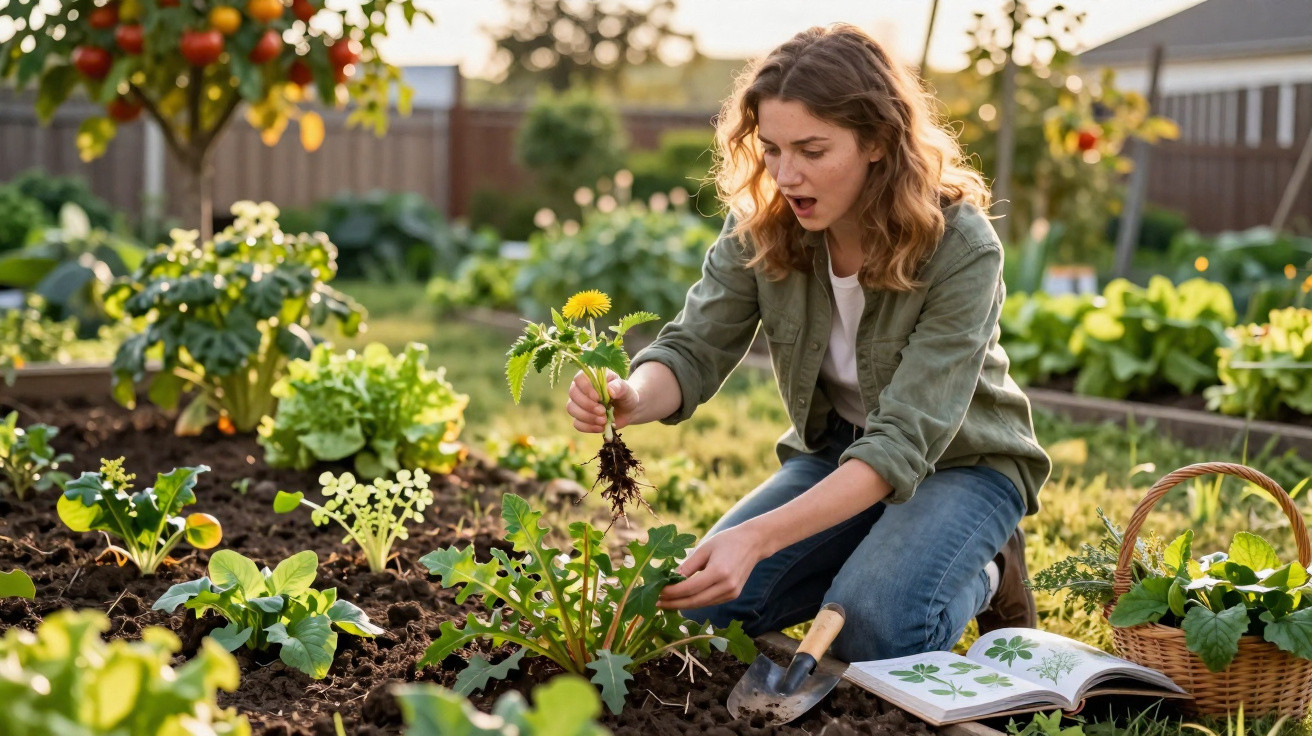 Mulher surpreendida a arrancar uma planta daninha num jardim com hortaliças e livro aberto.