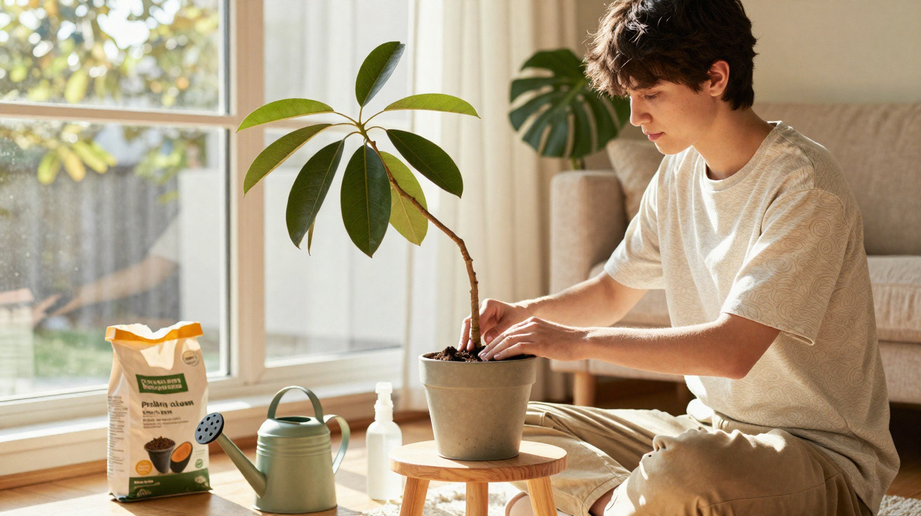 Jovem a cuidar de planta numa sala luminosa, junto a regador e saco de substrato orgânico.