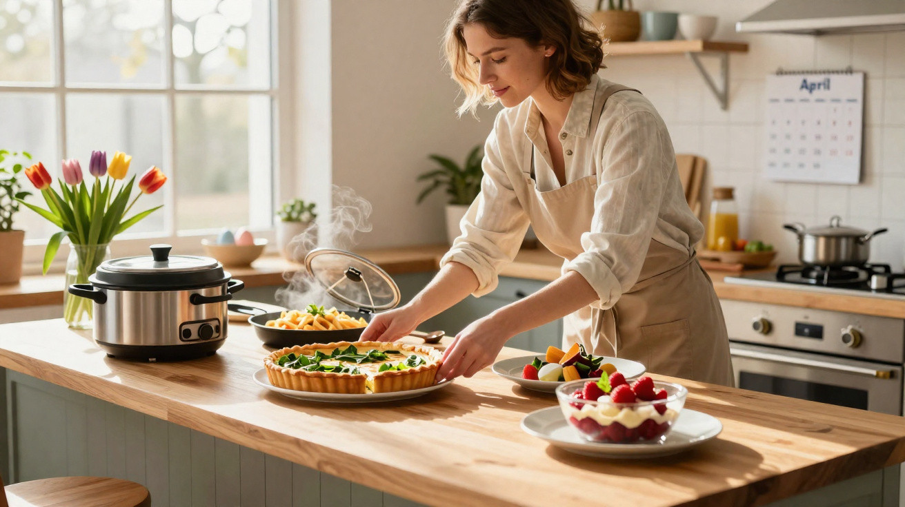 Mulher a decorar tarte numa cozinha moderna com flores, panela elétrica e frutas na bancada de madeira.