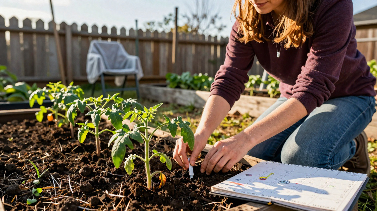 Pessoa a plantar mudas de tomate numa horta caseira, com caderno de anotações ao lado.