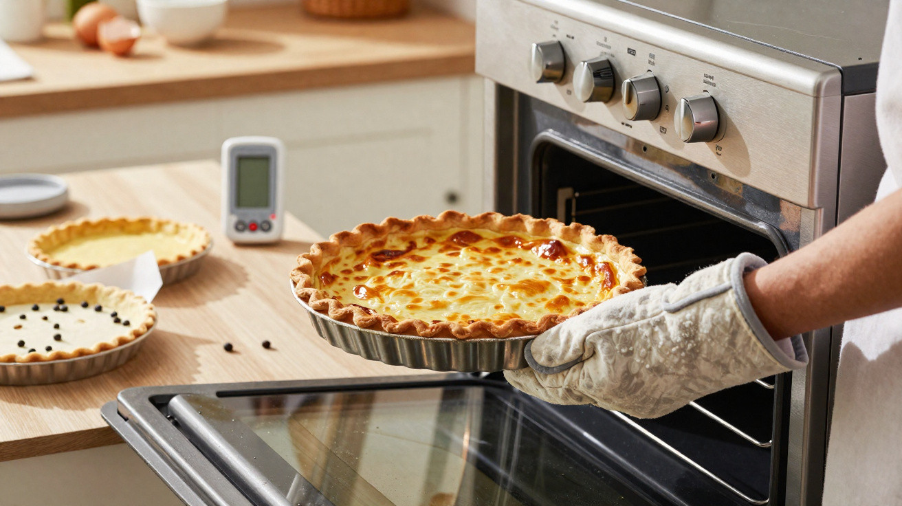 Pessoa a retirar uma tarte acabada de cozer do forno numa cozinha moderna.