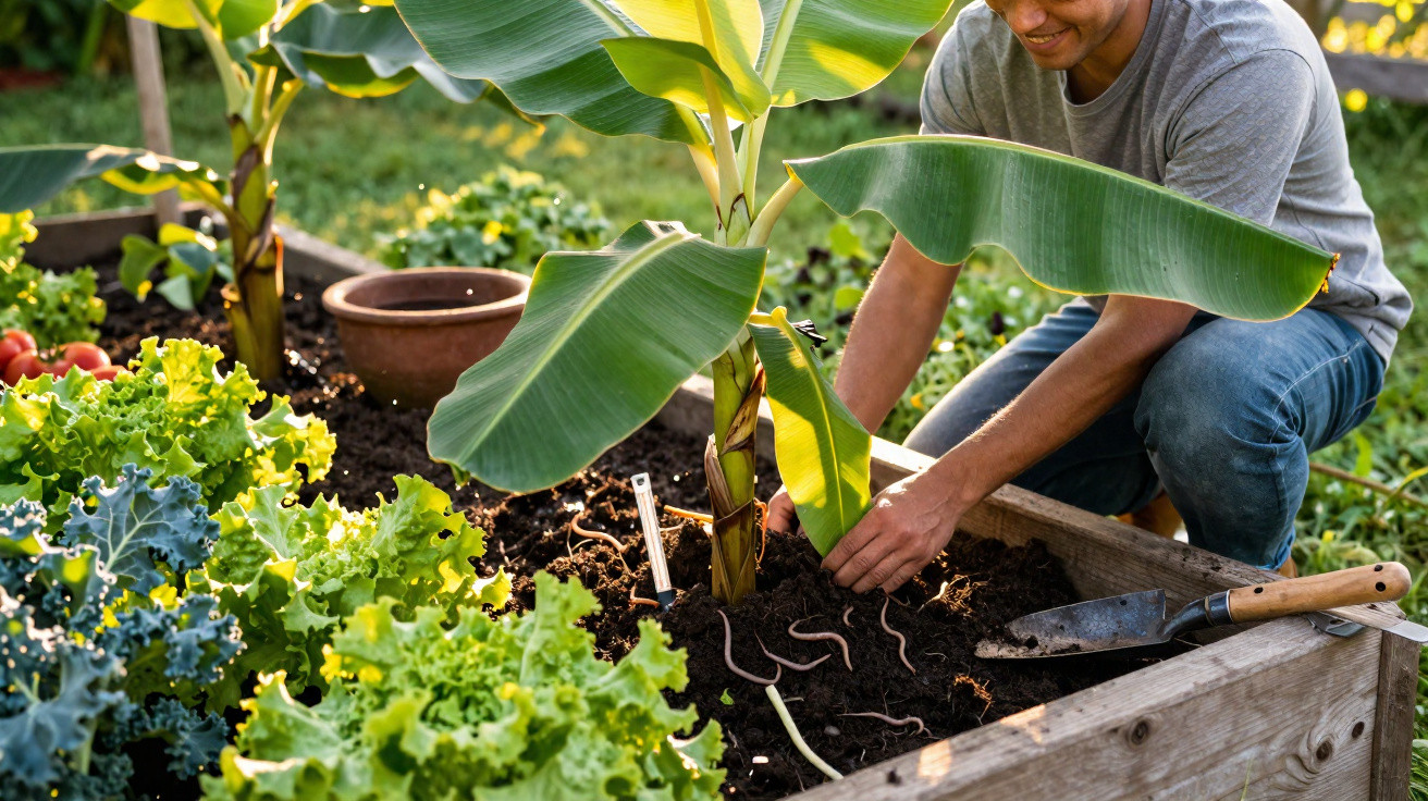 Pessoa a cuidar de uma planta de bananeira numa horta com verduras e minhocas na terra.