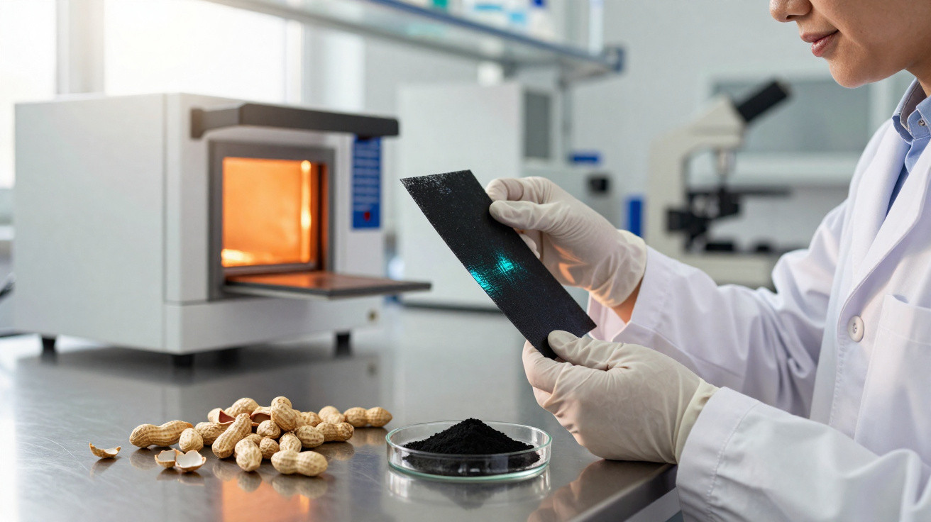 Cientista com luvas examina artigo preto, com amendoins e pó preto em placa de Petri numa bancada de laboratório.