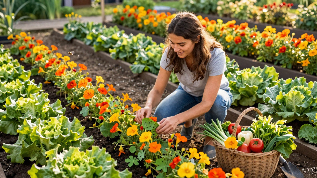 Mulher a colher flores e legumes num jardim hortícola com cesta cheia de vegetais frescos.