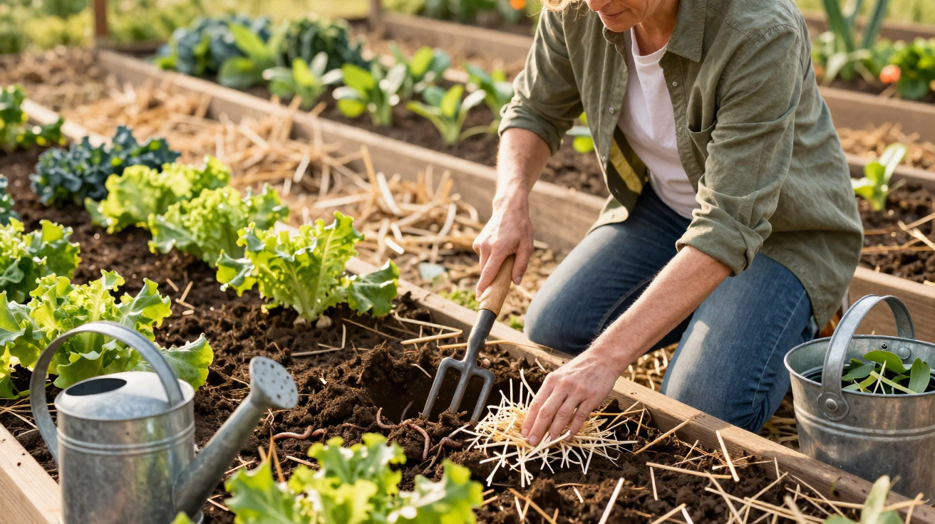 Pessoa a cuidar de plantas numa horta de cultivo biológico com regador e ferramenta de jardinagem.