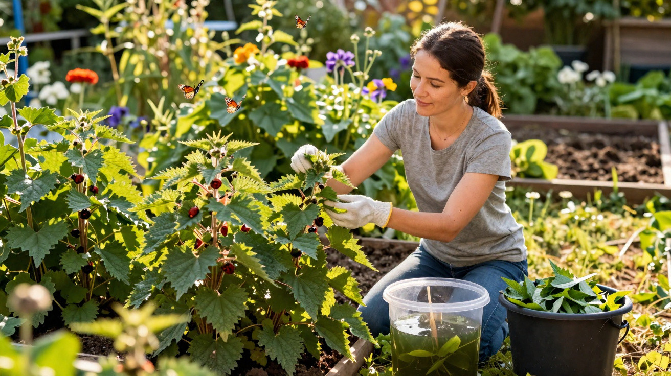 Mulher a cuidar de plantas num jardim, rodeada de flores e borboletas, num dia ensolarado.