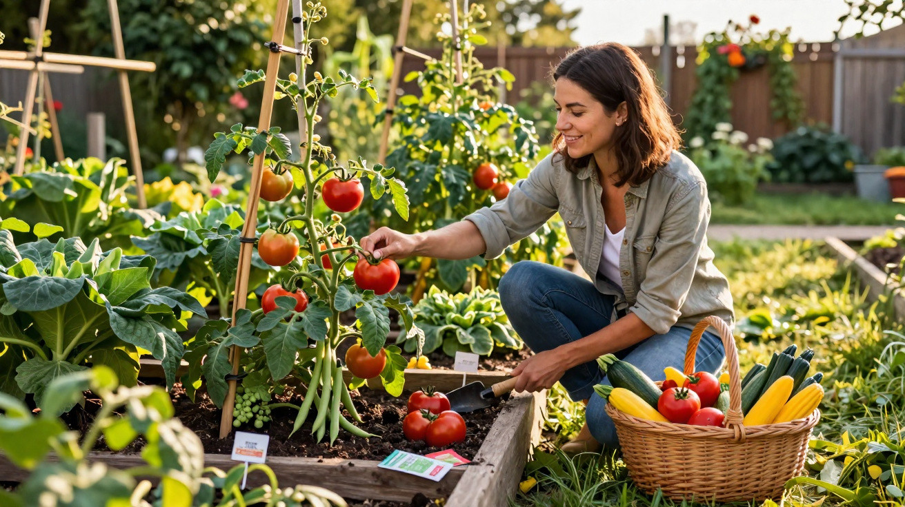 Mulher colhe tomates maduros num jardim, com cesta cheia de legumes ao lado.