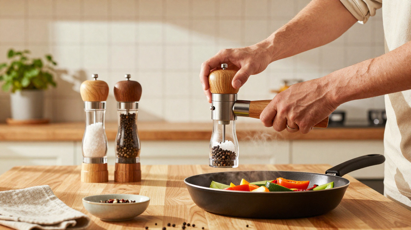 Pessoa moendo pimenta sobre legumes coloridos numa frigideira numa cozinha moderna.