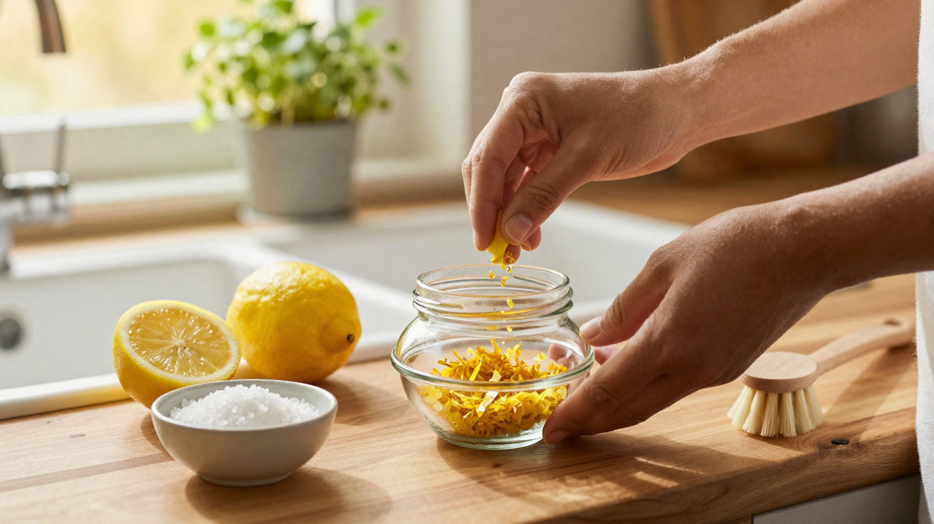 Mãos a colocar raspas de limão num frasco de vidro, com limões e sal numa bancada de cozinha.