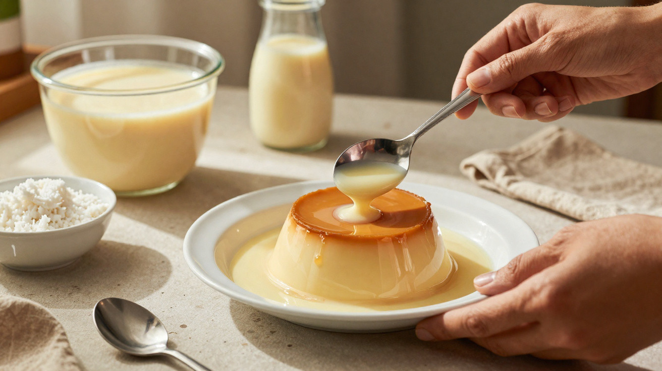 Pudim com caramelo num prato branco, mãos a servir leite condensado por cima com colher.