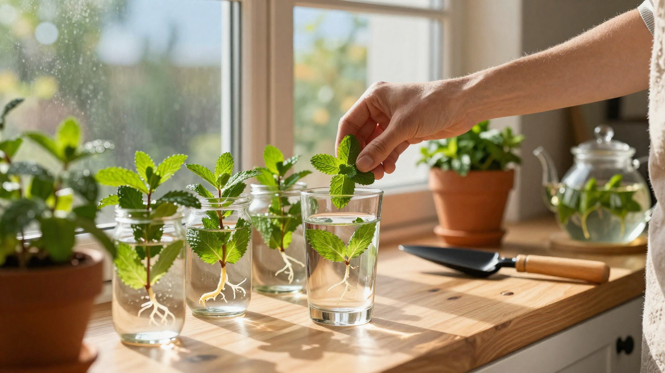 Mãos a colocar folhas de hortelã em copos de água com plantas enraizadas na janela com luz natural.
