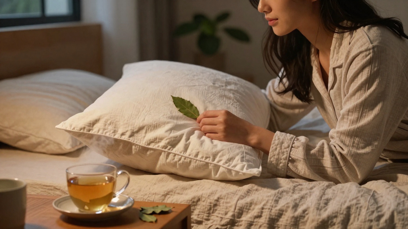 Mulher sentada em cama segurando folha verde, com chá numa chávena em mesa ao lado.