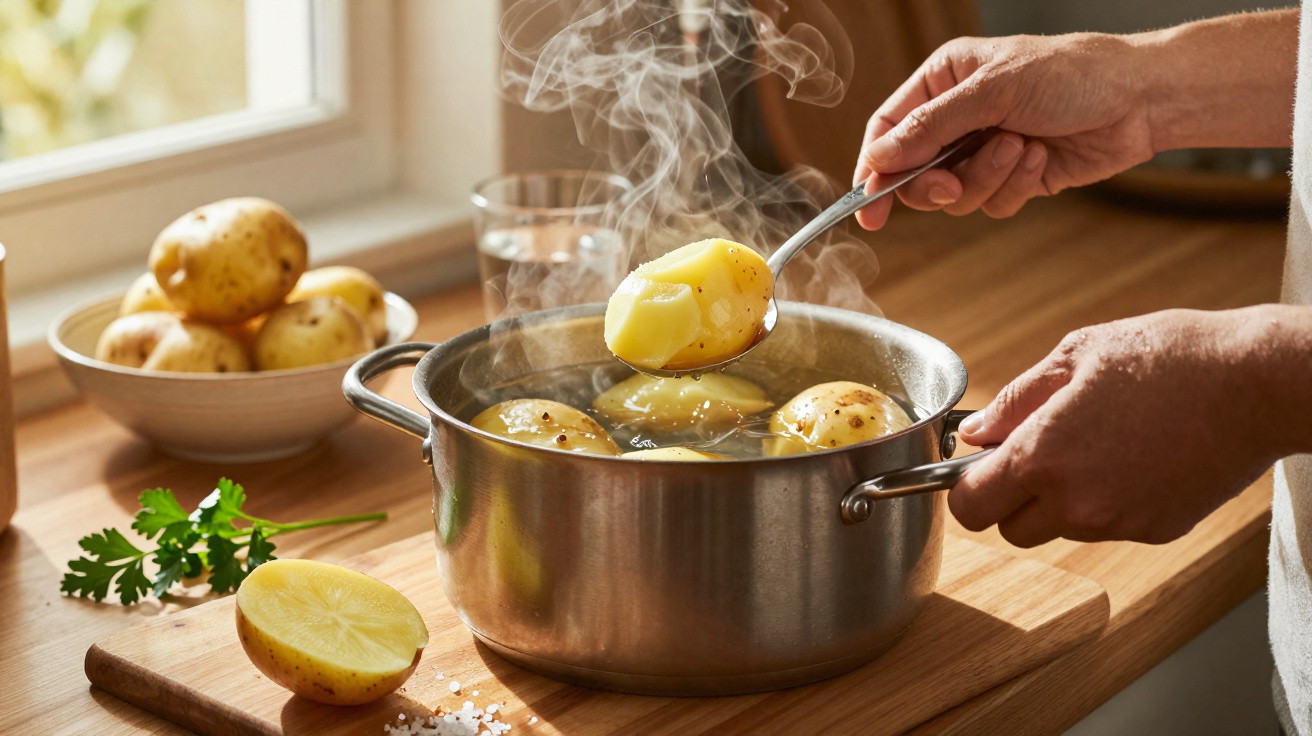 Mãos retiram batatas quentes e fumegantes de uma panela de inox numa cozinha iluminada.