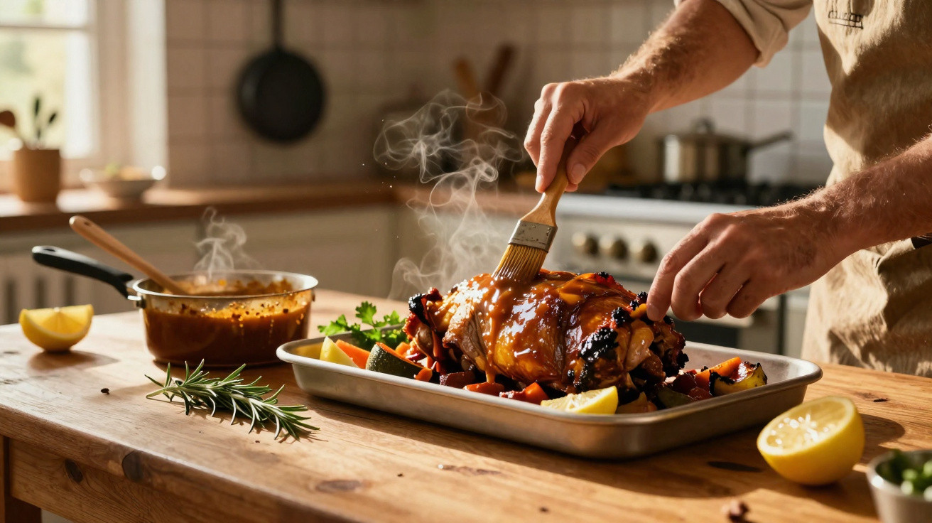 Pessoa a pincelar molho num frango assado rodeado de legumes num tabuleiro de forno na cozinha.