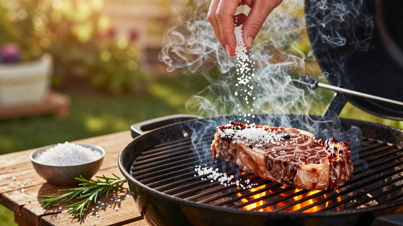 Mão a temperar bife na grelha de churrasco com sal grosso, em ambiente exterior ensolarado e com ervas.