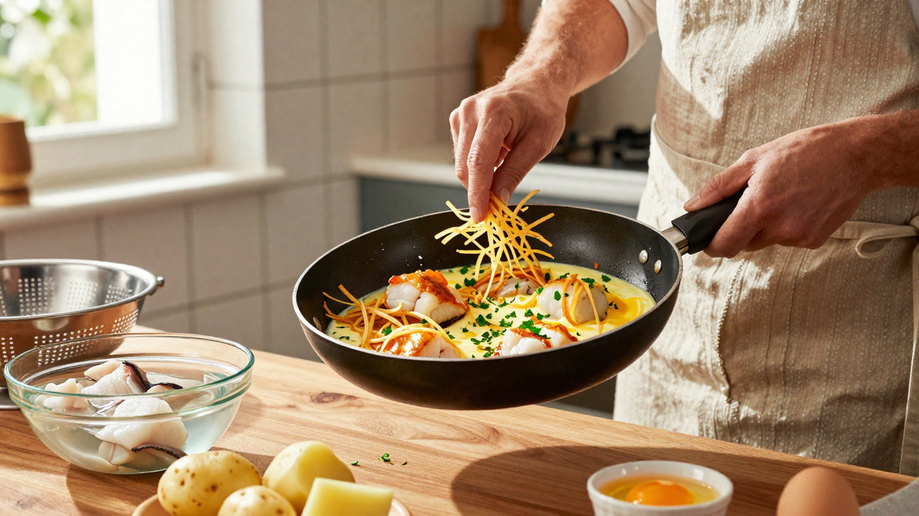 Pessoa a preparar omelete na frigideira adicionando batata palha, com ingredientes variados numa bancada de cozinha.