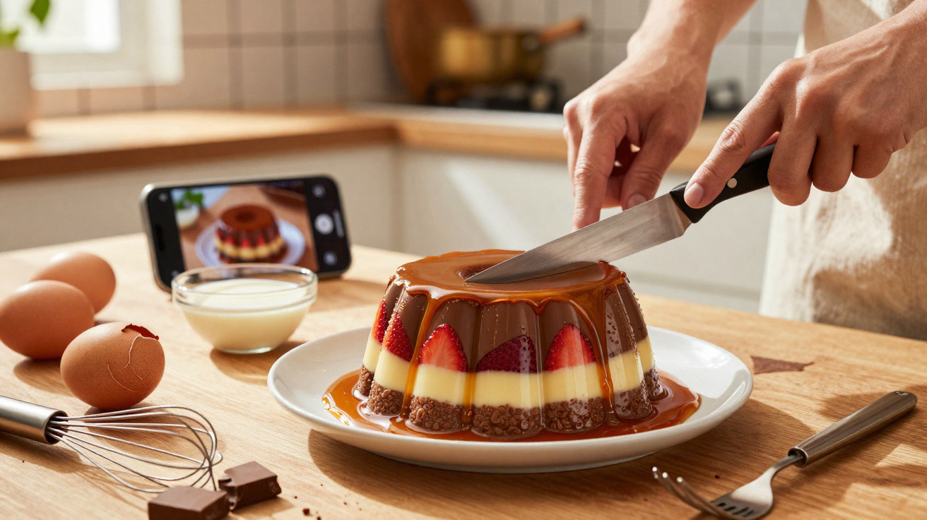 Pessoa a cortar pudim de chocolate com morangos numa cozinha, enquanto fotografa com telemóvel.