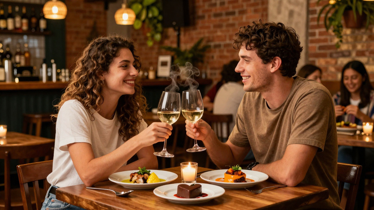 Casal jovem a brindar com vinho branco num restaurante acolhedor com comida gourmet e velas acesas.