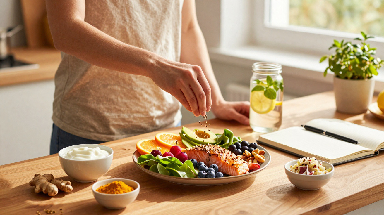 Pessoa a temperar prato saudável com salmão, abacate, frutos vermelhos e sementes na cozinha iluminada natural.