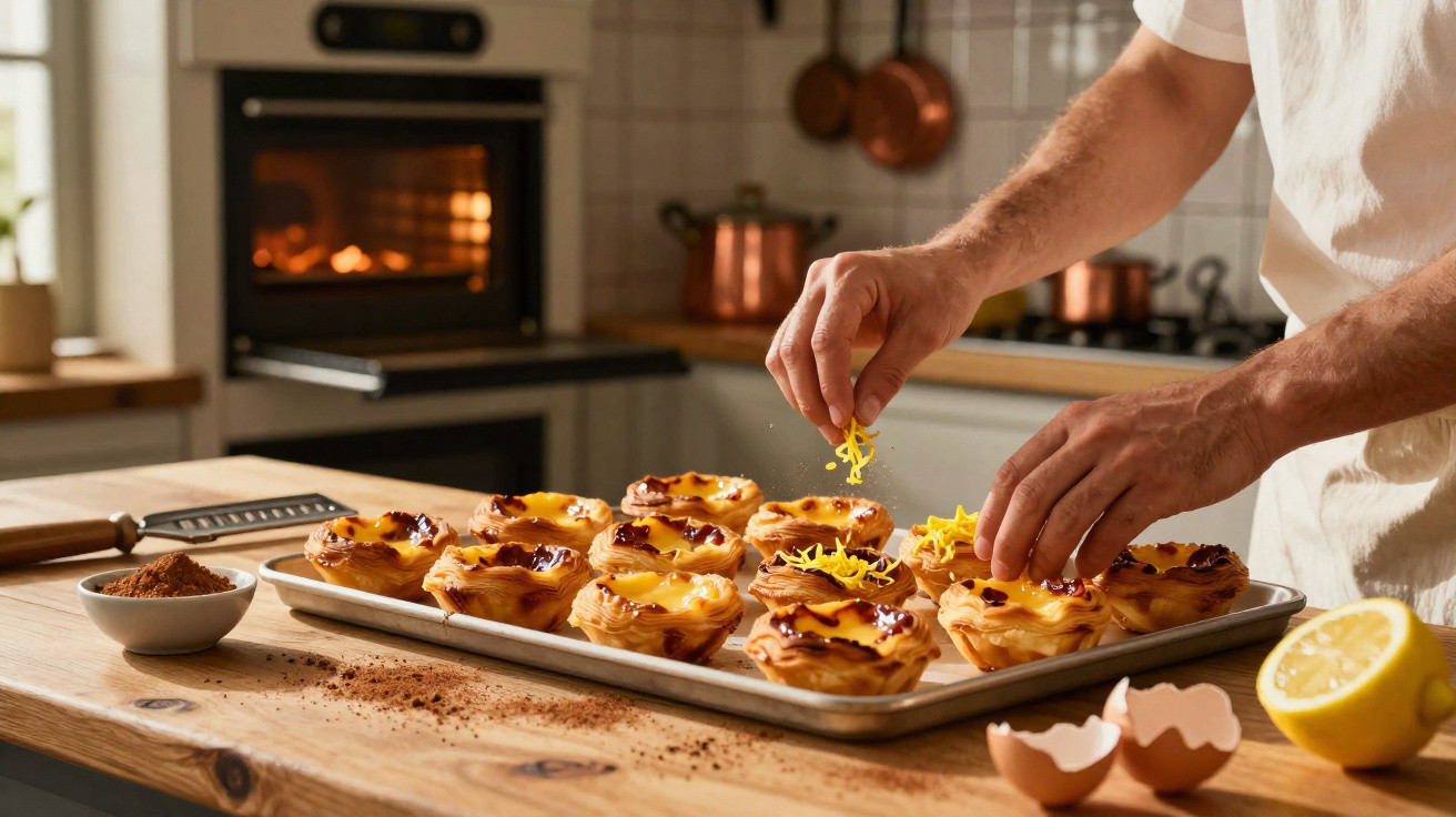 Pessoa a polvilhar raspas de limão em pastéis de nata acabados de fazer numa cozinha acolhedora.