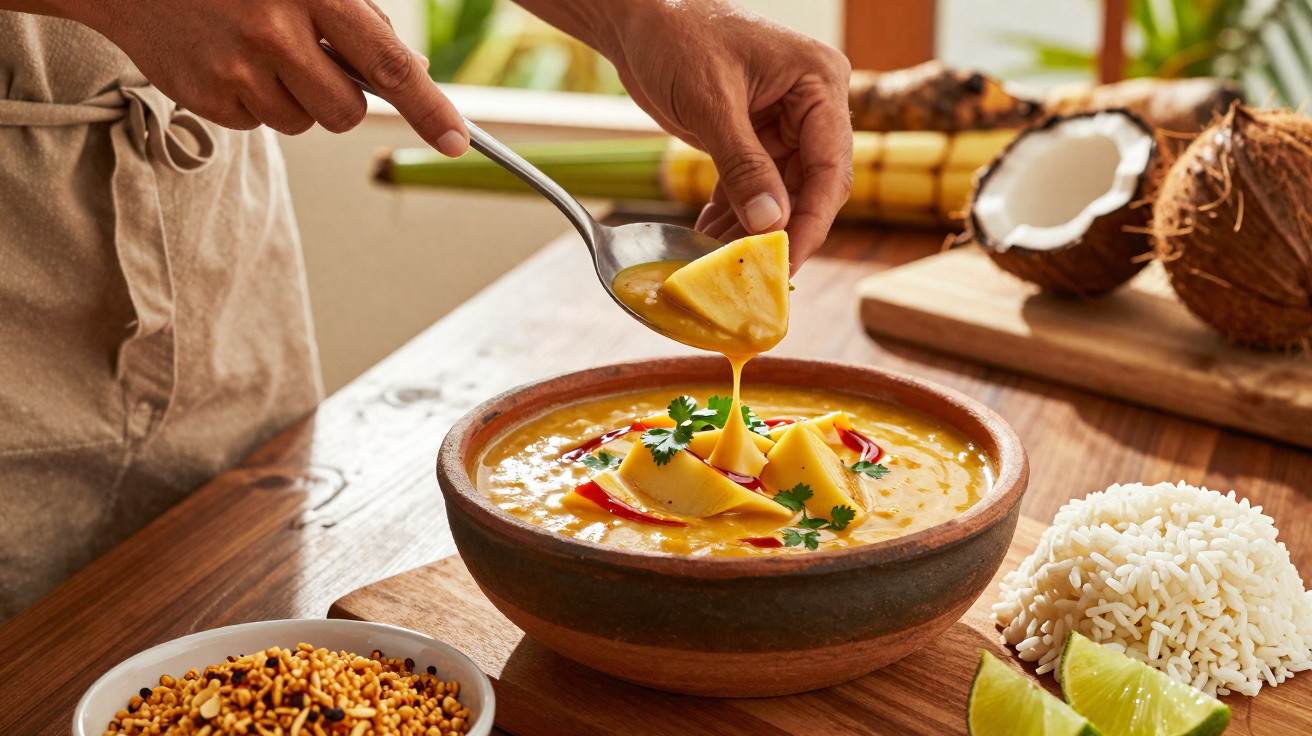 Mãos a servir moqueca em tigela de barro, com arroz, limão e coco ao lado numa mesa de madeira.