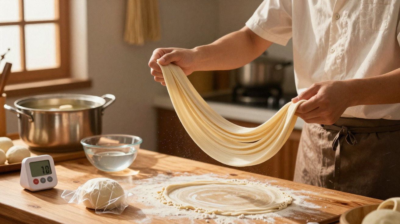 Pessoa esticando massa de pão sobre superfície polvilhada com farinha numa cozinha iluminada.