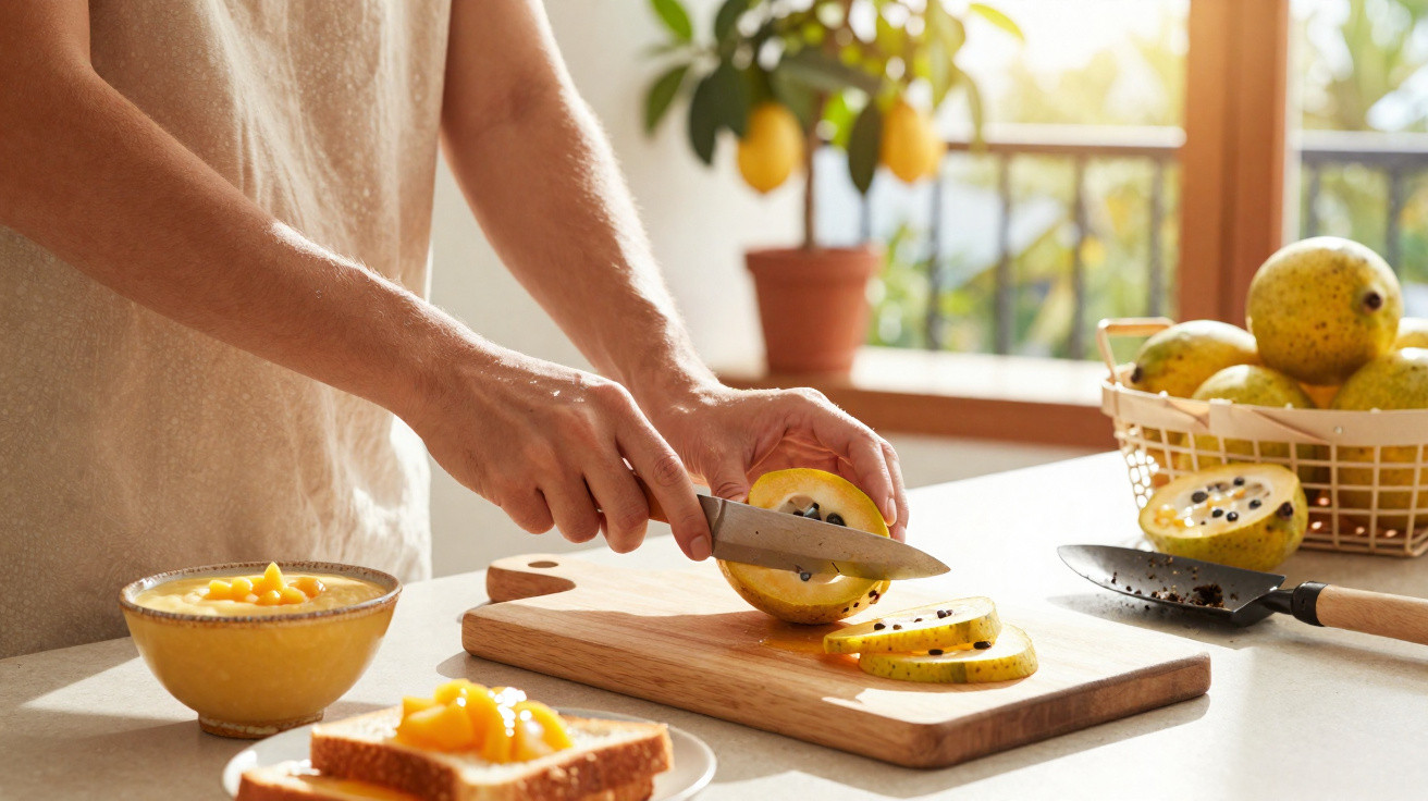 Pessoa a cortar maracujá amarelo num tabuleiro de madeira numa cozinha luminosa com fruta e pão com doce.