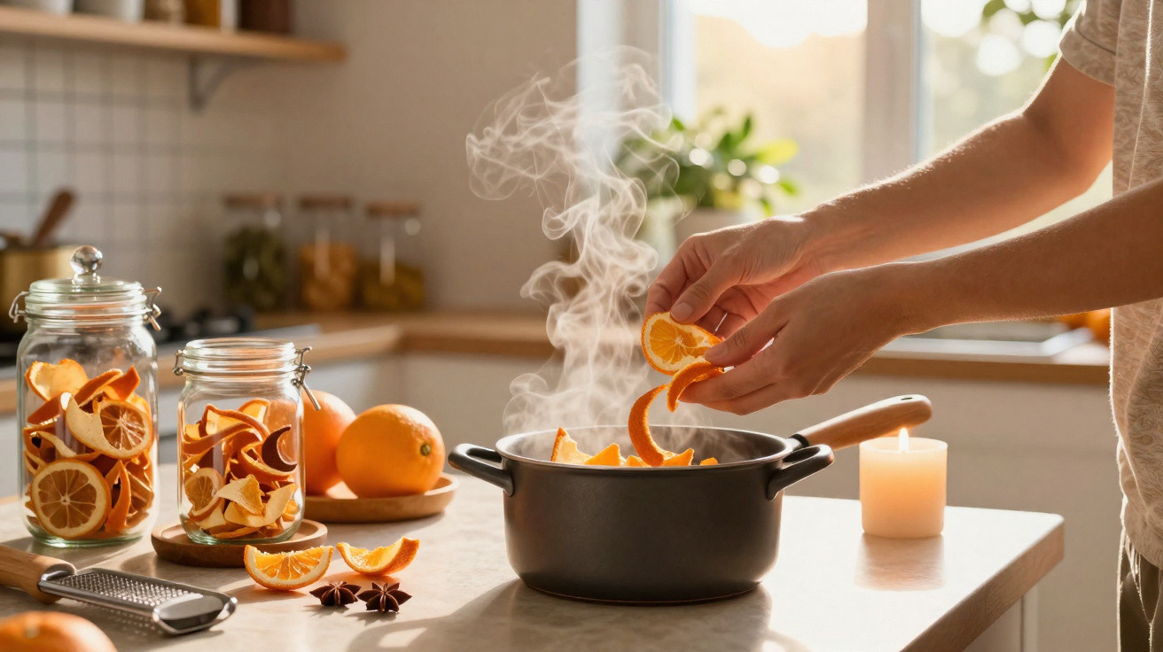 Mãos a colocar cascas de laranja numa panela a ferver, com frascos de laranjas secas e vela acesa na cozinha.