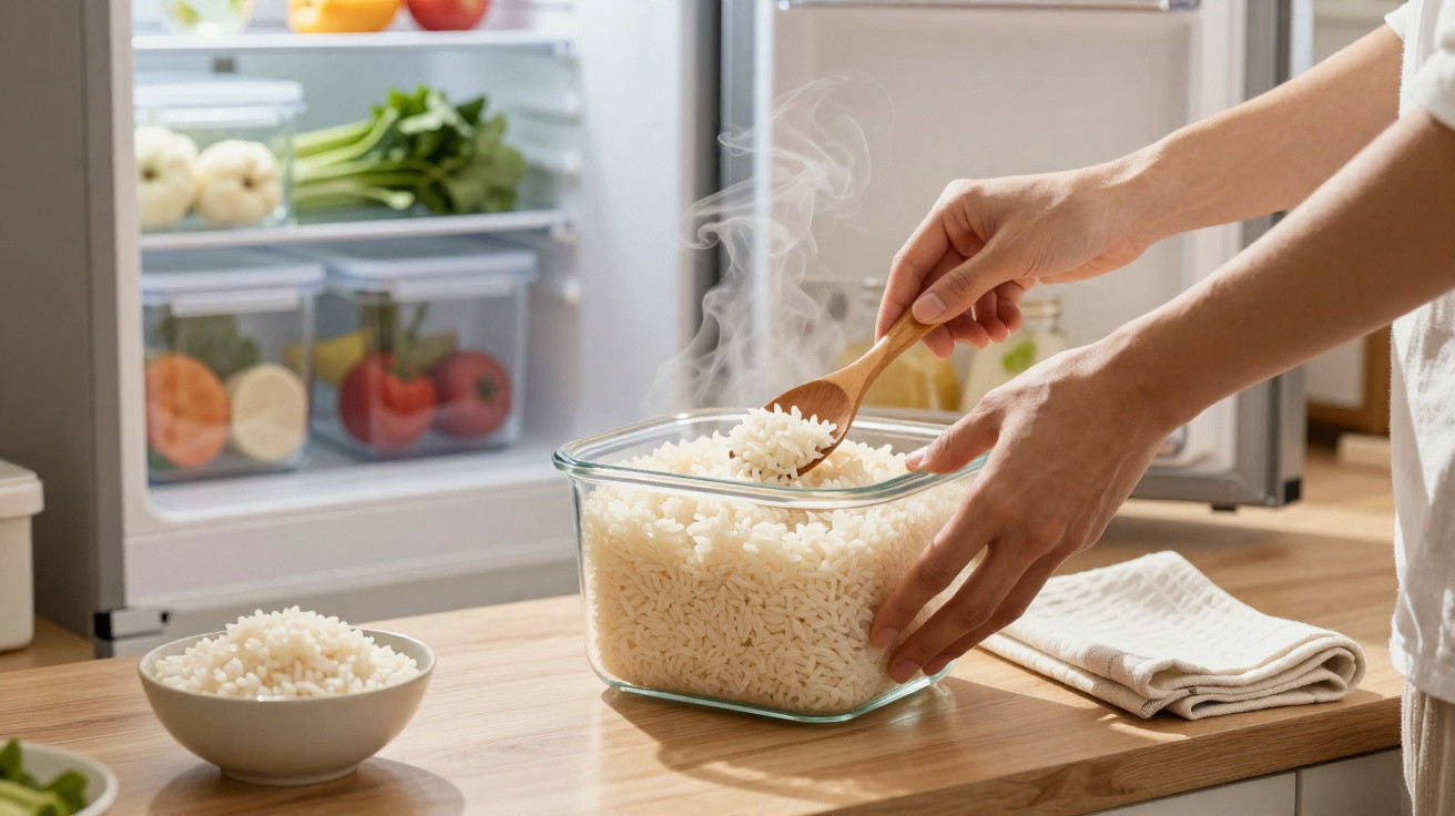 Pessoa a servir arroz quente de um recipiente de vidro numa tigela branca na cozinha com frigorífico aberto ao fundo.