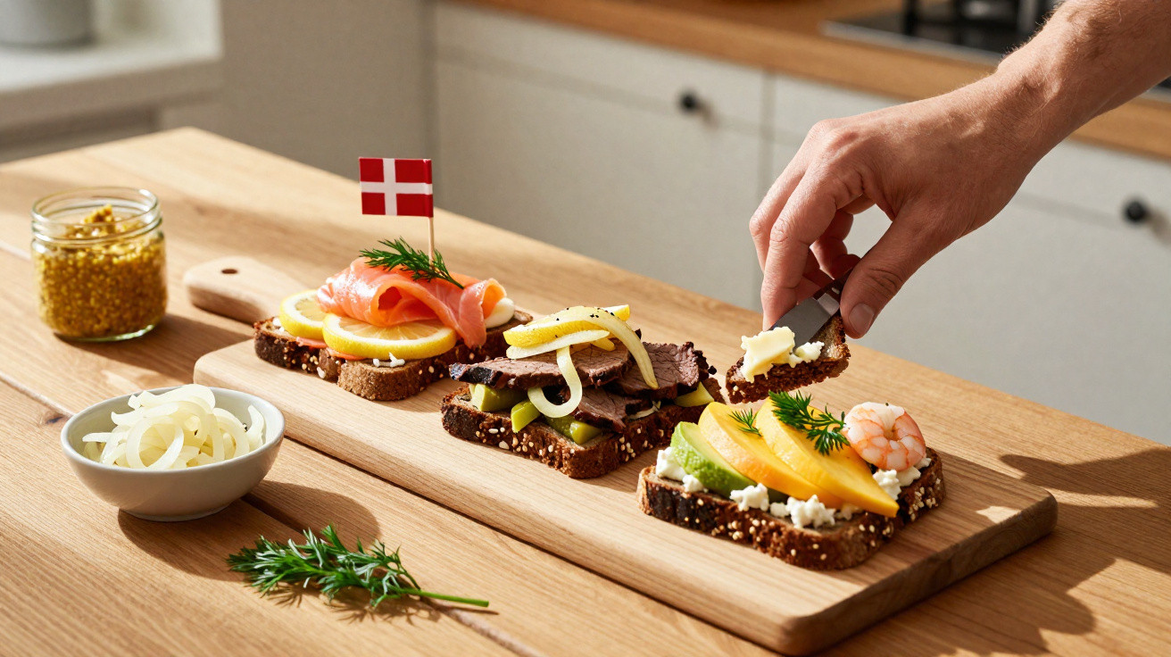 Tabua de madeira com três sanduíches abertas com salmão, carne e camarão, acompanhadas de ervas e condimentos.