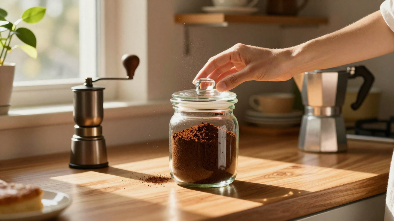 Mão a fechar frasco de vidro com café moído numa cozinha iluminada pela manhã com moinho e cafeteira ao fundo.