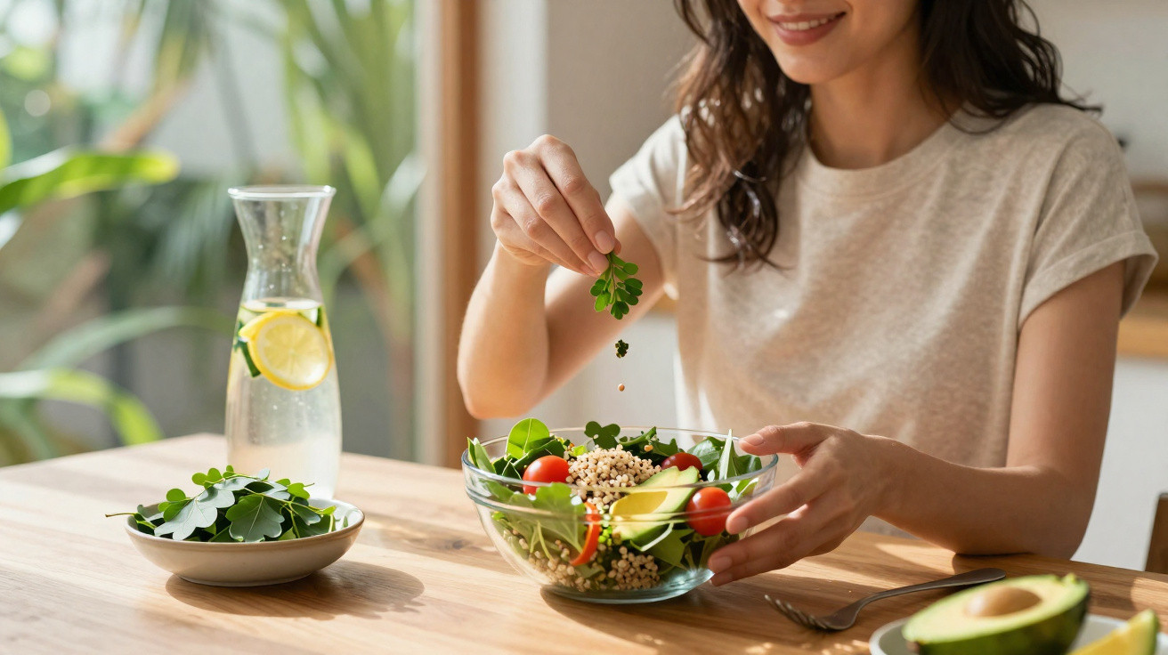 Mulher tempera salada com folhas verdes e quinoa, ao lado de jarra de água com limão.
