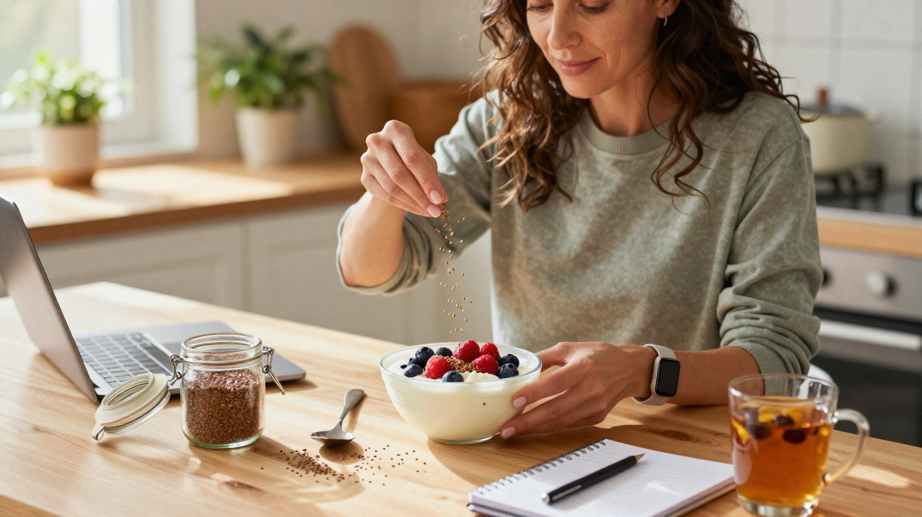Mulher a salpicar sementes num iogurte com frutos vermelhos, em cozinha com computador e chá ao lado.