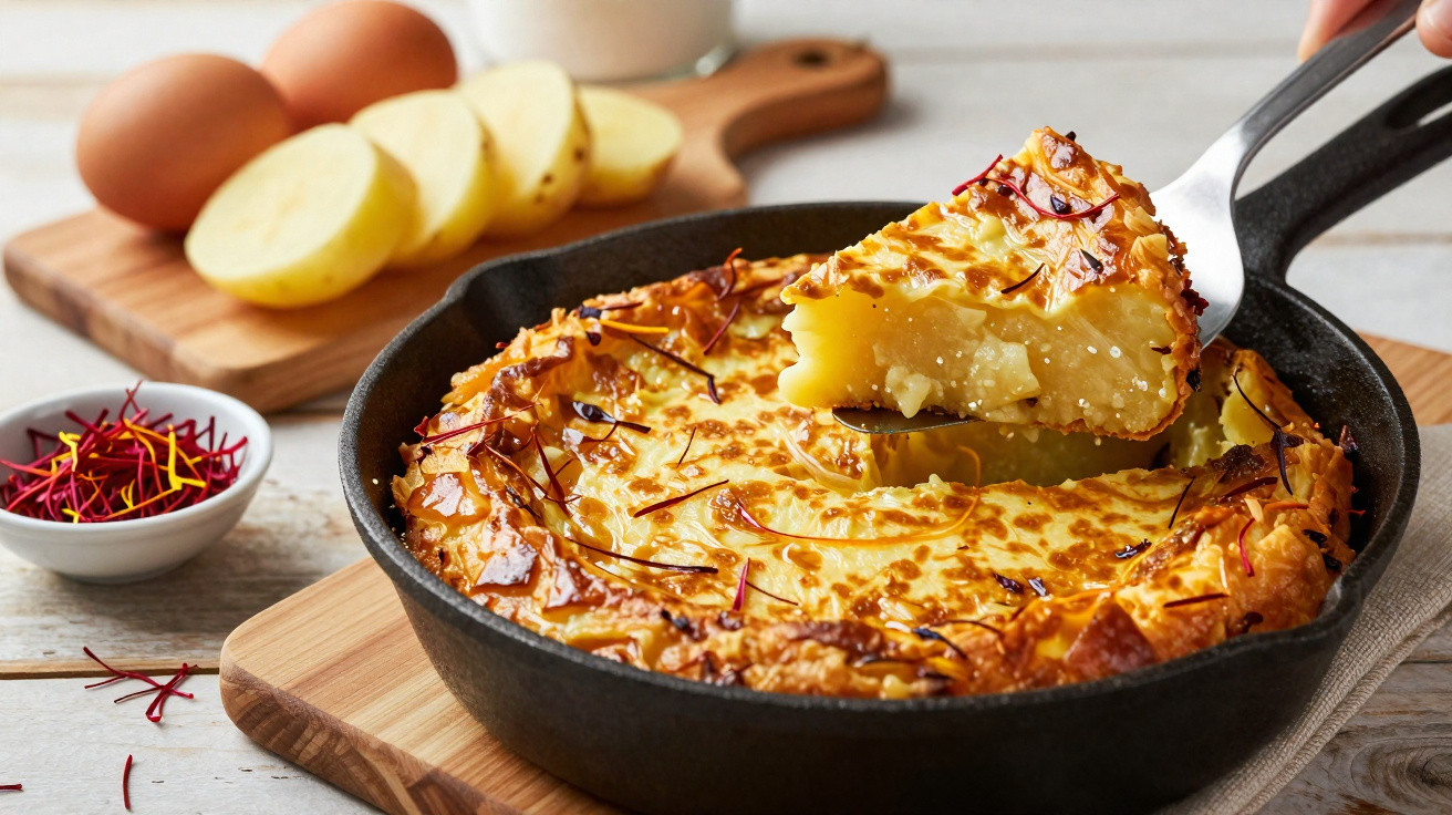 Tortilha de batata dourada numa frigideira com ingredientes ao fundo, incluindo ovos e batatas cruas.