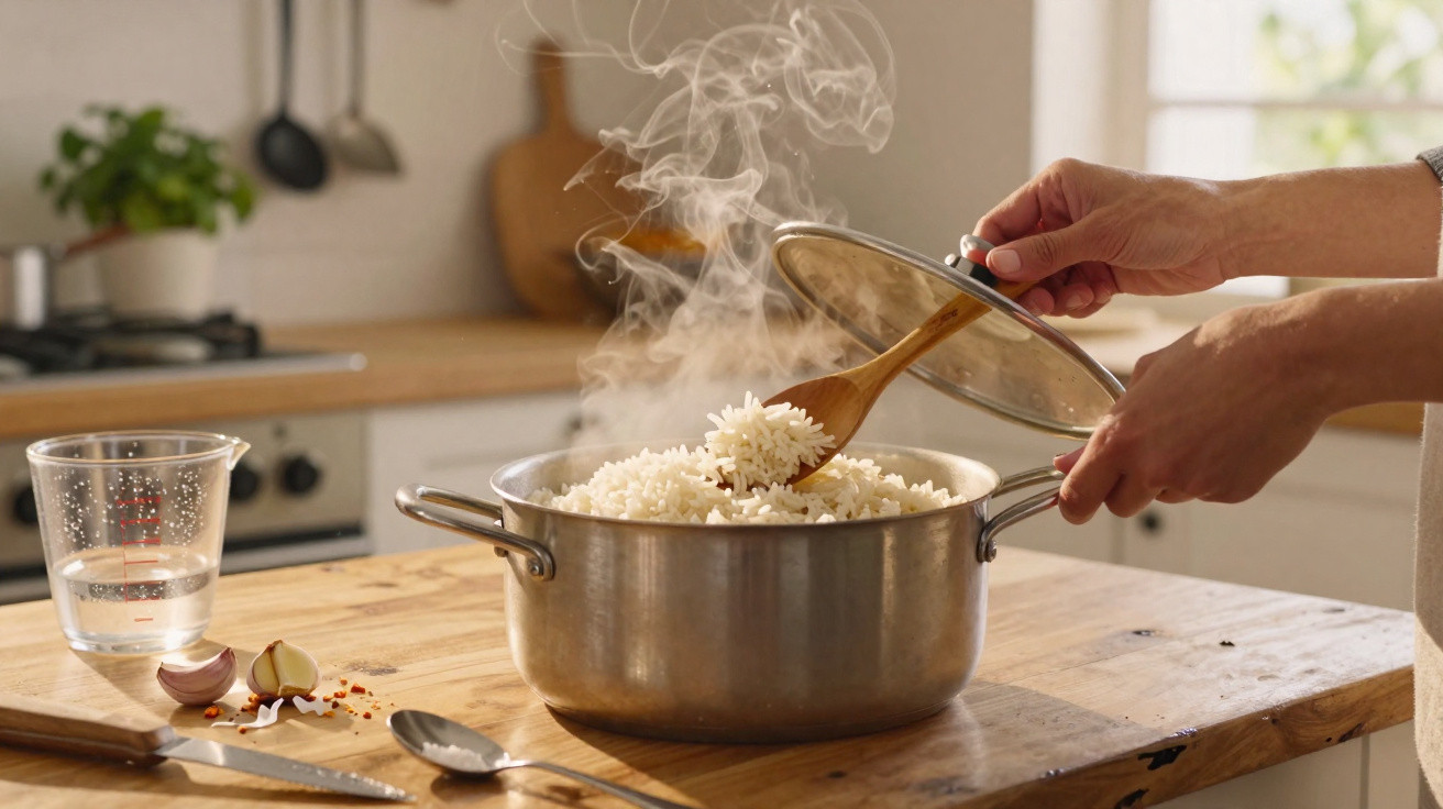 Mãos a mexer arroz quente num tacho de metal numa cozinha iluminada por luz natural.