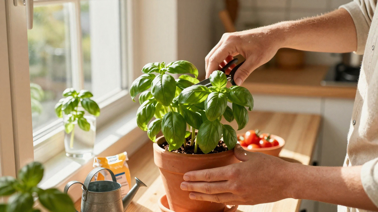 Pessoa a podar plantas de manjericão em vaso de barro numa cozinha iluminada pela janela.