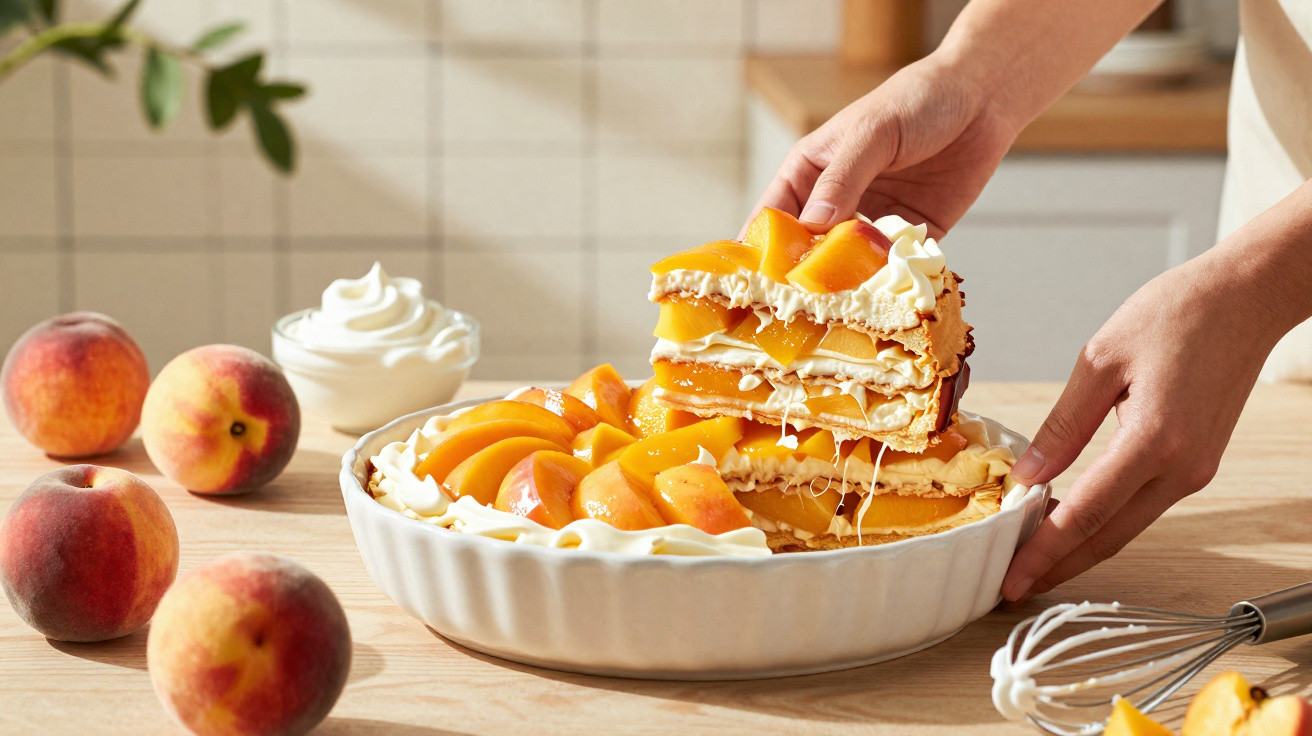 Mãos a servir fatia de torta de pêssego com chantilly e pêssegos frescos numa mesa de madeira.