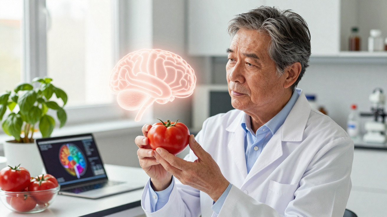 Cientista em laboratório analisa tomate enquanto uma ilustração de cérebro flutua acima da sua mão.