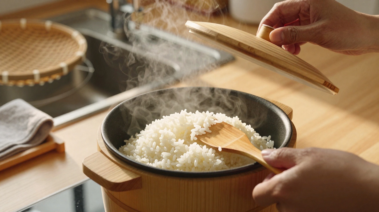 Pessoa a abrir a tampa de um tacho de madeira com arroz branco a vapor no interior.
