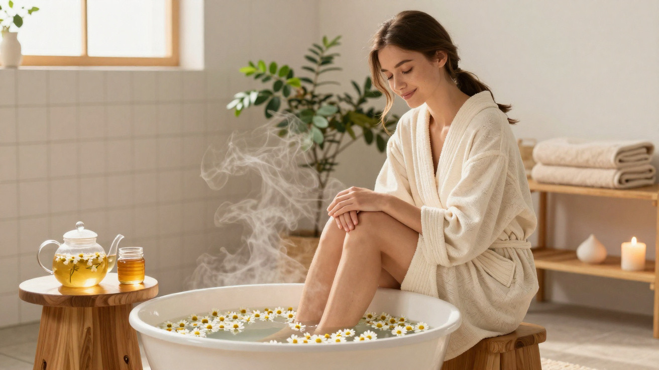 Mulher relaxa com pés numa tina de água quente com flores, chá e ambiente sereno de spa em casa.