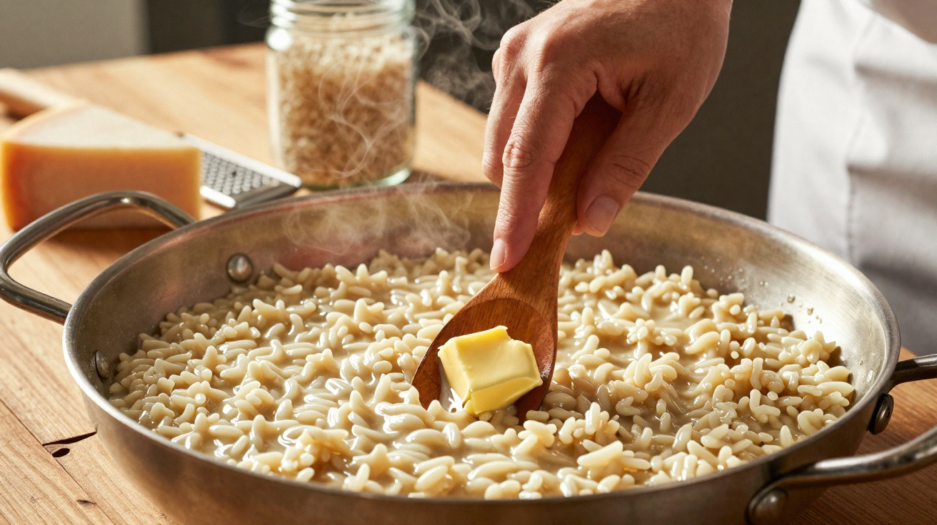 Panela com arroz a cozinhar, uma mão adiciona um cubo de manteiga com colher de pau.