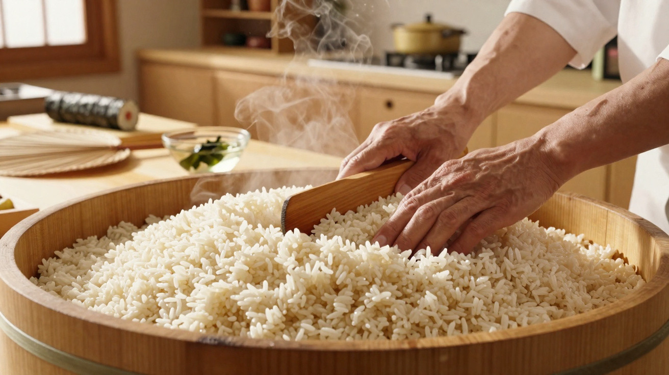 Mãos a mexer arroz vaporoso numa travessa de madeira numa cozinha com utensílios para sushi ao fundo.