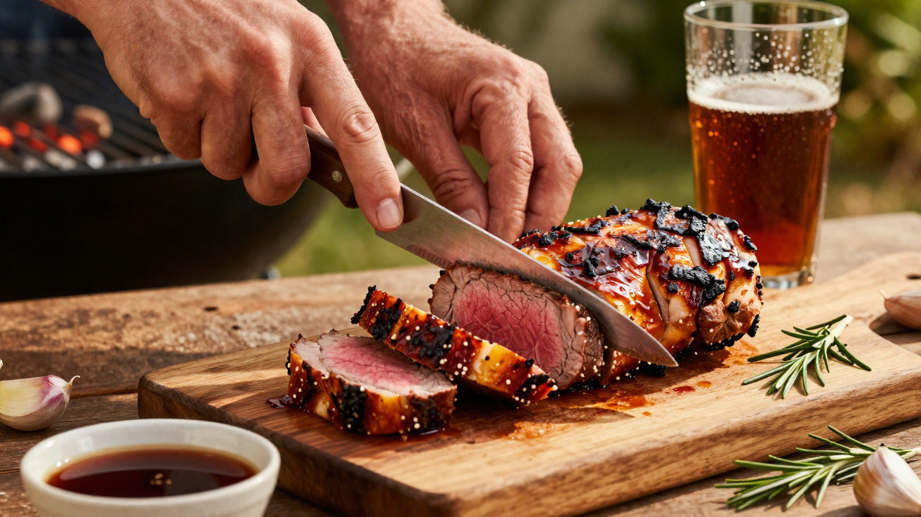 Pessoa a cortar carne assada grelhada sobre tábua de madeira com cerveja e ervas ao lado.